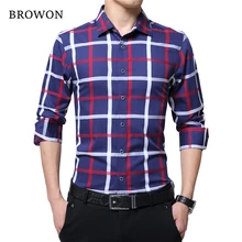BROWON, брендовая Повседневная хлопковая клетчатая рубашка размера плюс, мужская красная и белая клетчатая рубашка с длинным рукавом и отложным воротником