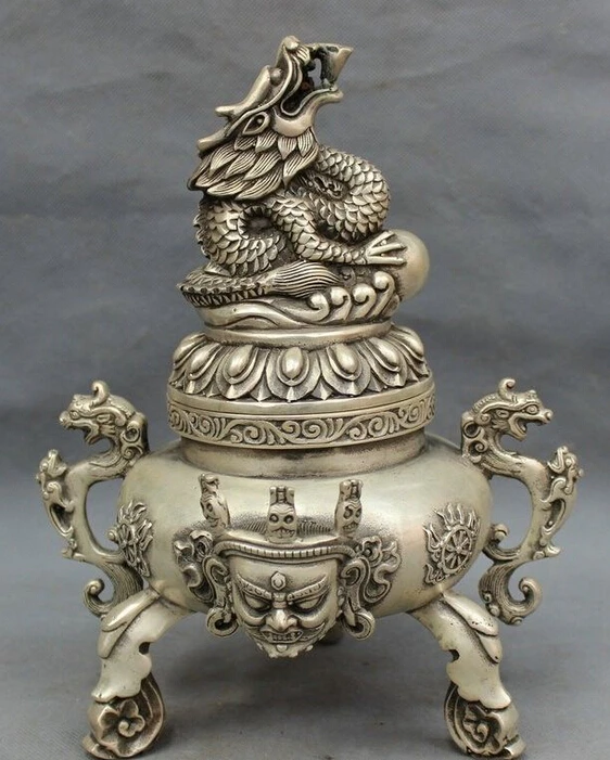 

10" Tibet Silver Buddhist Dragon Statue Mahakala Buddha Incense Burner Censer