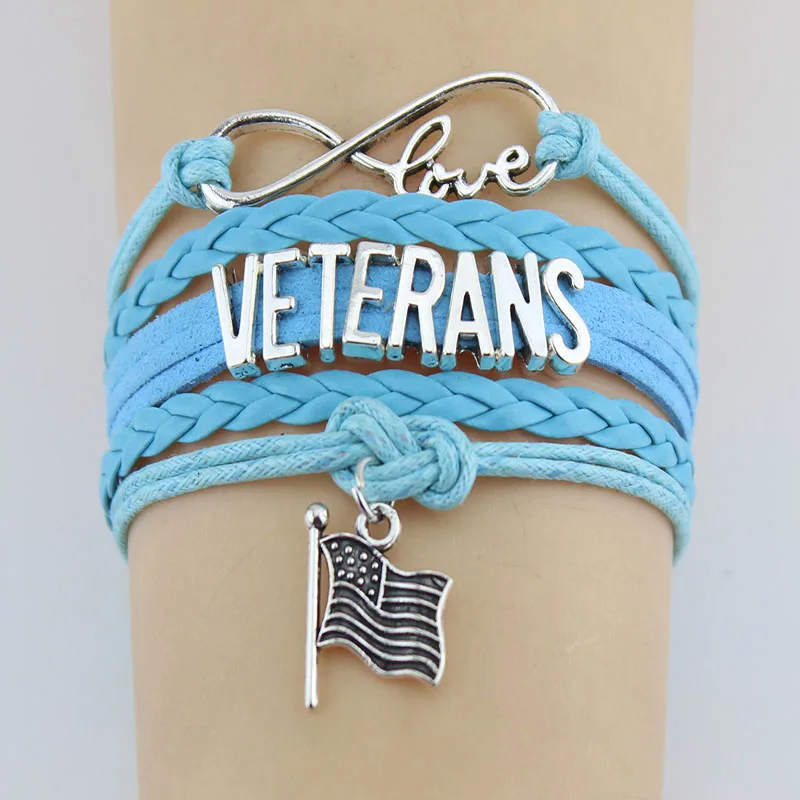 Infinity Love Veterans Bracelet Flag Charm Handmade Rope Leather Weave