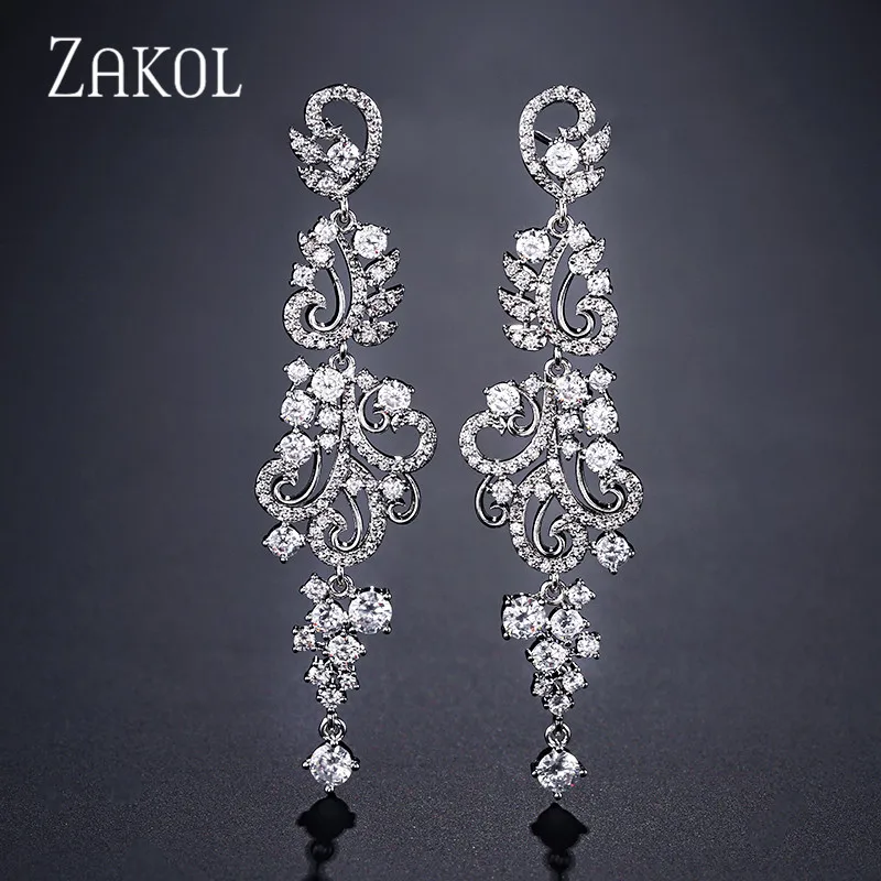 

ZAKOL Fashion Bridal Earrings CZ Zirconia Crystal Leaf Shape Long Dangle Drop Earrings for Women Wedding Jewelry Party FSEP2253