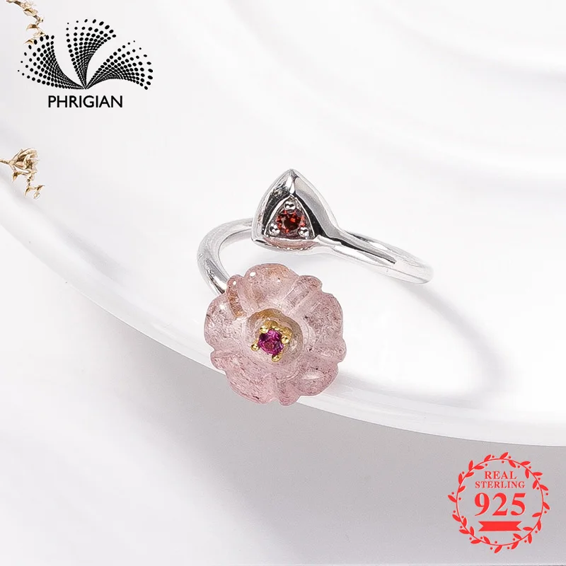 

NOT FAKE S925 Fine Antique shop Ring 925 Sterling Silver Women Handmade Vintage Natural Retro Exquisite strawberry quartz