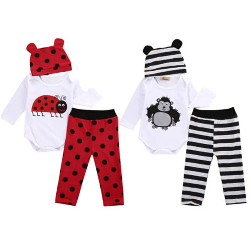 

3PCS Newborn Infants Cute Baby Boys Girls Cotton Rompers Long Leggings Hats Outfits Set Clothes 0-18M