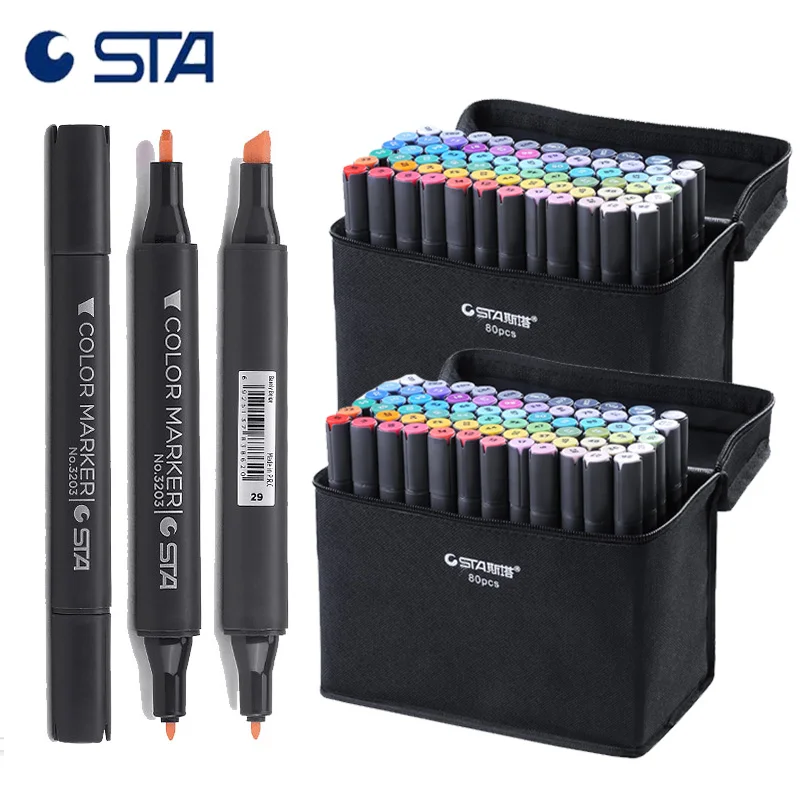 

STA 3203 Alcohol Sketch Manga Marker Landscape Pens 128 Colors Dual Fine Line Anime Design Markers Gray Pen for Coloring Books