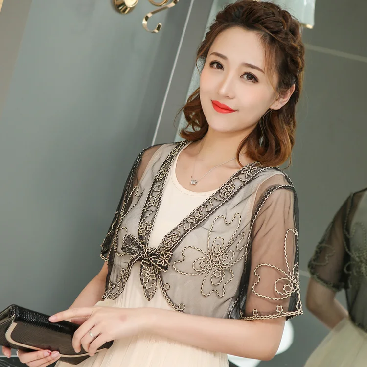 

1920s Shawl Wraps Sequin Beaded Flower Short Sleeve Glittering Mesh Embroidery Wedding Cape Fringed Evening Woman Jacket