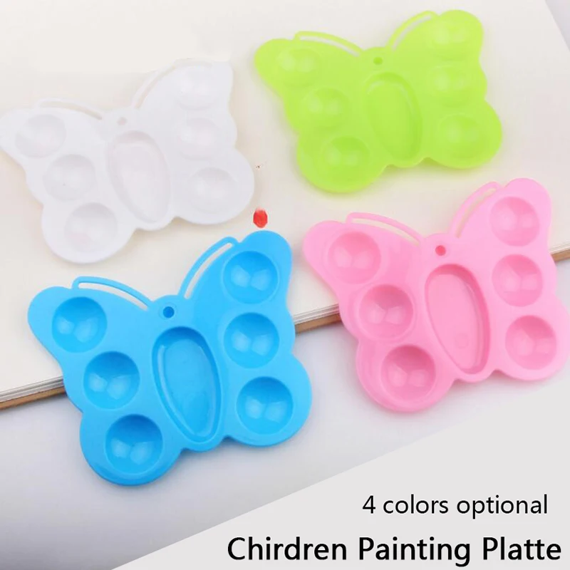 Beste 4 stks set Vlinder vormige Chirdren Schilderij Palet 7 hole Plastic Gemakkelijk Wasbaar Aquarel Art Propyleen Tekening Levert