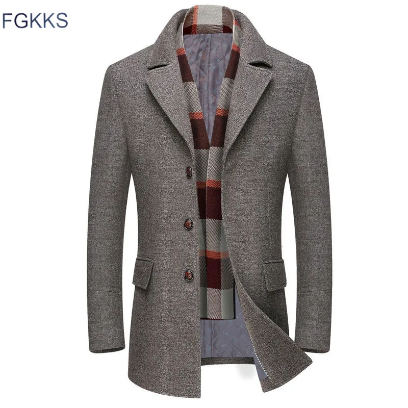 FGKKS, мужское зимнее шерстяное пальто, мужское, повседневное, теплое, толстое, одноцветное, простой, шерсть, смесь, шерстяное, бушлат, мужской Тренч, пальто