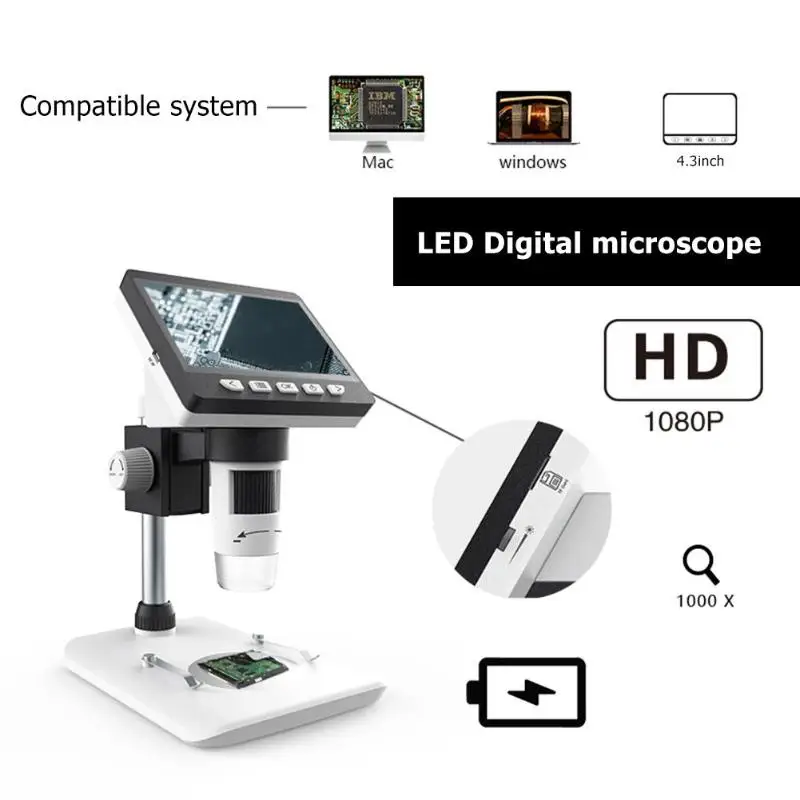 1000X4,3 дюймов 8 ЖК-светильник цифровой микроскоп HD 1080P Настольный паяльник электронный Лупа увеличивать стекло поддержка 10 языков