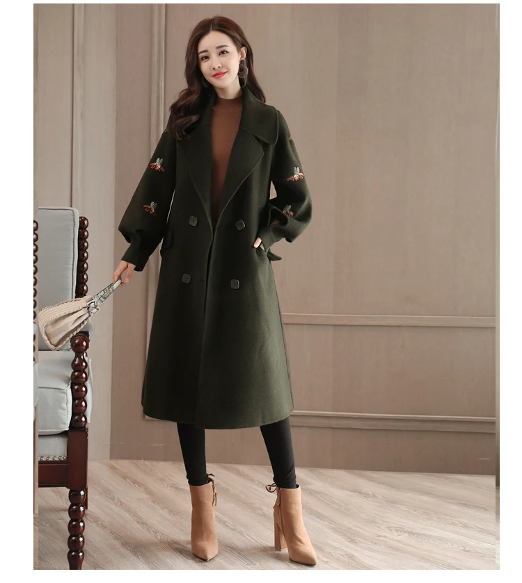 Вышитое тонкое шерстяное пальто Женская средней длины корейское 2019 новое осенне-зимнее шерстяное пальто с рукавами-фонариками модное
