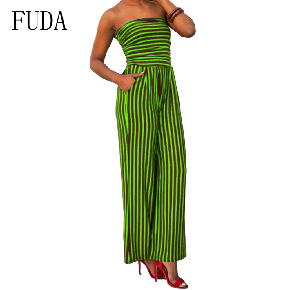

FUDA Plus Size XXL Sexy Wrapped Chest Striped Print Bodysuits Off Shoulder Sleeveless Pockets Slim Jumpsuits Summer Club Wear