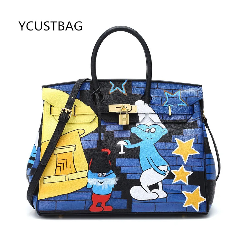 

Large Size 25-50cm Women's bag Genuine Leather Graffiti Hand Painting DIY Cartoon Handbags Real learher Christmas Gifts for Lady