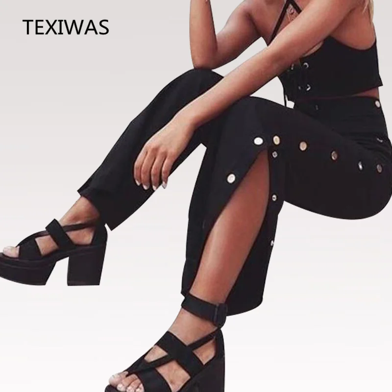 

TEXIWAS New Fashion Sexy High Split Pants side open push button women wide leg pants Female straight Loose Women Trousers