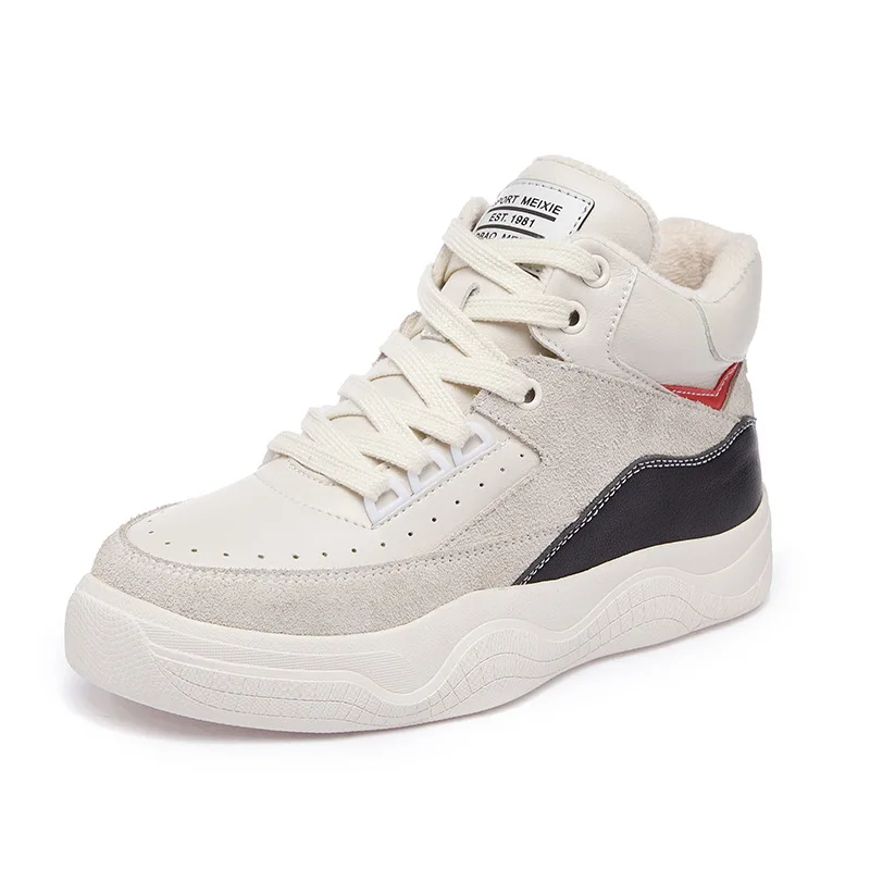 JINBEILEE High-top Sneakers Women's New Plus Velvet Warm Wild Hip-hop Flat Leather Casual Skateboarding Shoes Women
