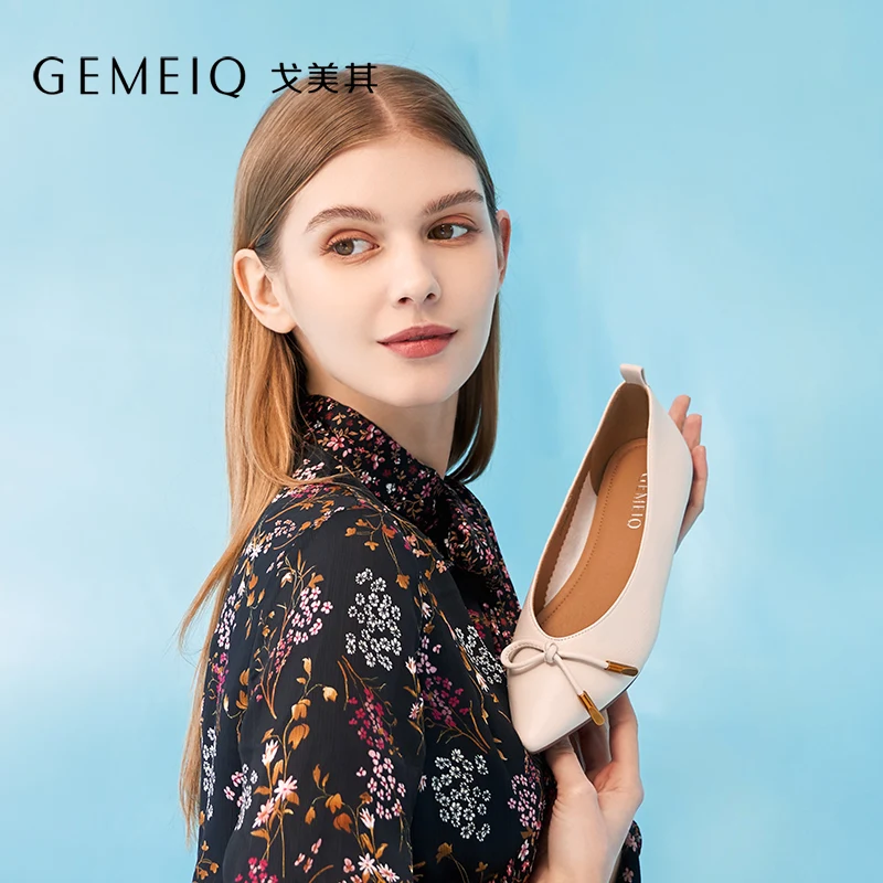 GEMEIQ/2019 г. Новые весенние открытые туфли на низком каблуке с острым носком и бантом