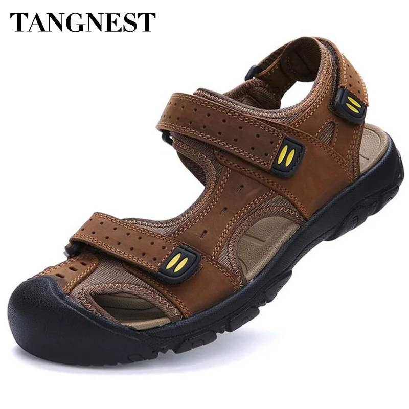 Tangnest/Брендовые мужские пляжные сандалии из натуральной кожи высокого качества, Мужские дышащие сандалии с вырезами, большие размеры 47, XML186