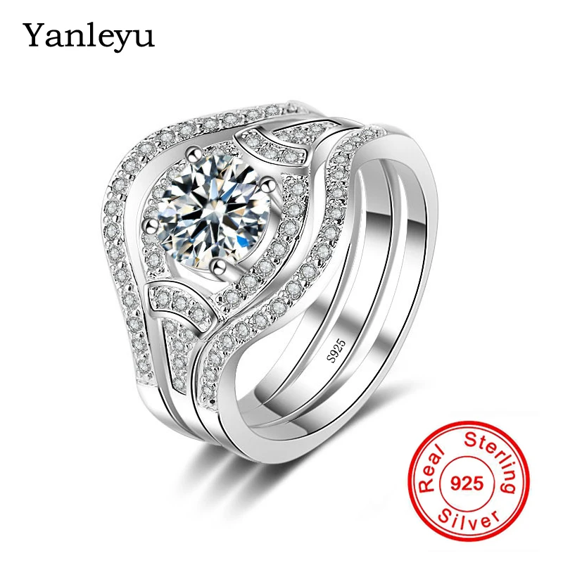 

Yanleyu 3pcs Silver Ring Set Authentic 925 Sterling Silver Wedding Rings for Women Engagement Jewelry AAA+ CZ Diamant Ring PR083