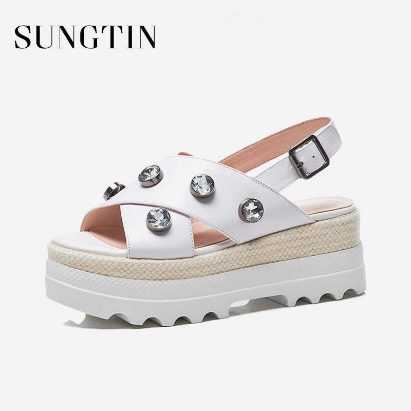 

Sungtin 2018 New Design Women Platform Sandals Chic Crystal Evening Party High Heels Lady Summer Wedges Shoes Genuine Leather