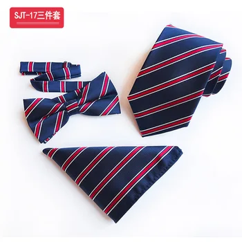 

3 Pcs Wedding Business Men Formal Neck Ties Set Bow Tie Handkerchief Dark Blue with Classic Red Diagonal Stripes