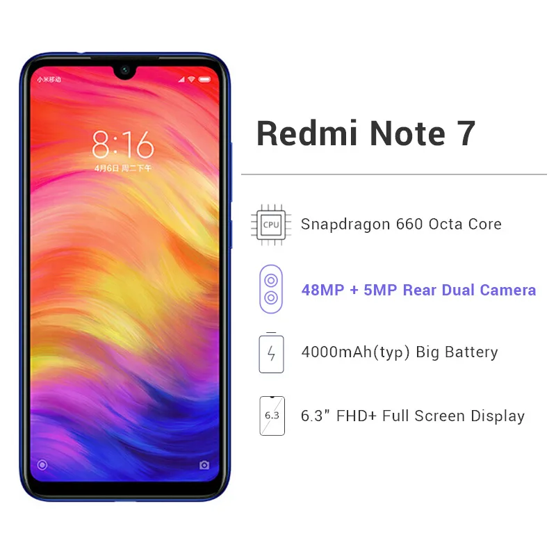 Смартфон Xiaomi Redmi Note 7 с глобальной прошивкой, 6 ГБ, 64 ГБ, Восьмиядерный процессор Snapdragon 660, 48 МП, двойная камера, 6,3 дюйма, полный экран, 4000 мАч