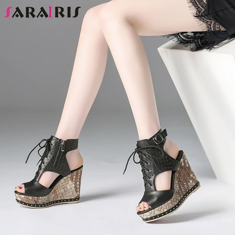 

SARAIRIS New women's Genuine Leather Wedges Zip Solid Platform Shoes Woman Casual Summer Sandals Size 34-39