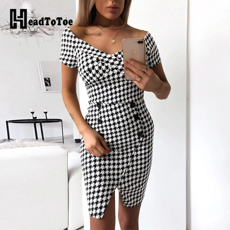 

2019 Women Houndstooth Buttoned Design Bodycon Dress