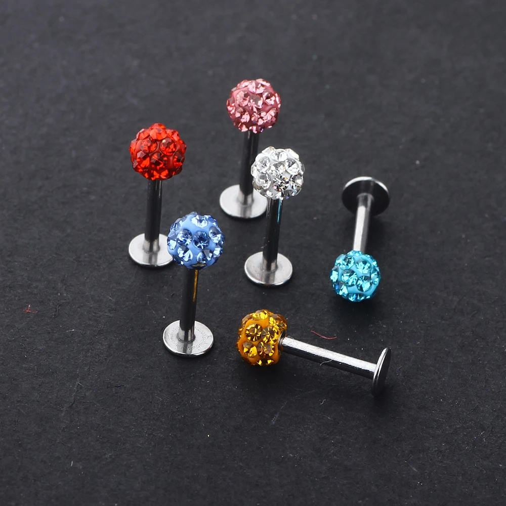JUNLOWPY Labret Ring 16G 6/8/10mm Crystal Ball Surgical Stainless Steel Ball Tragus Bar Ear Body Piercing Jewelry Lip Ring 30PCS