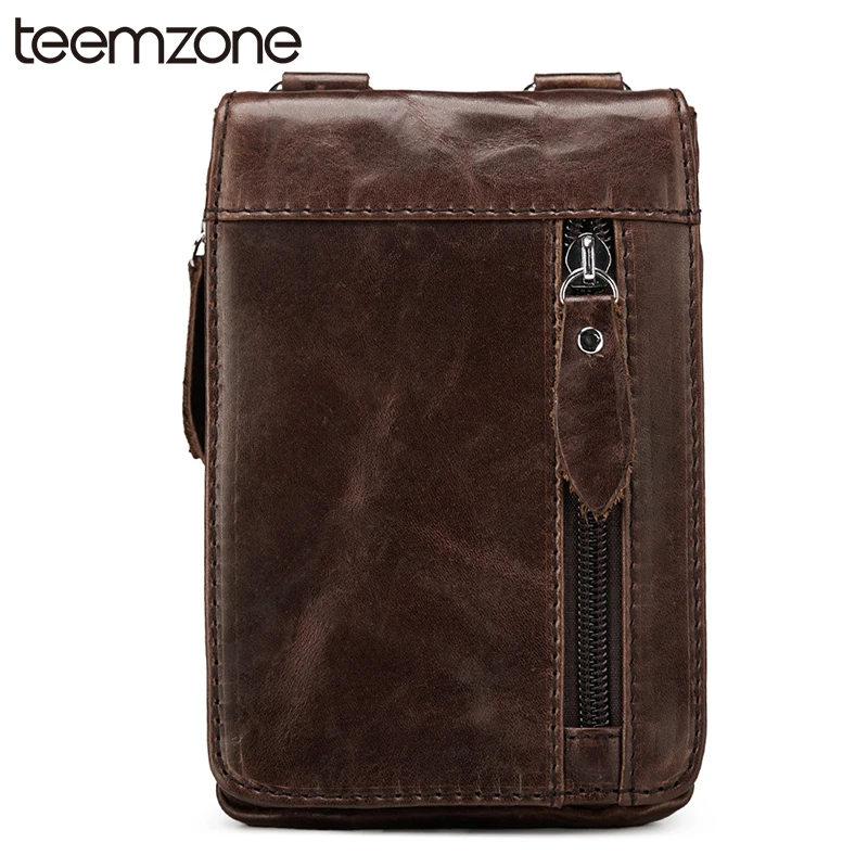 

teemzone New Men Waist Packs Bag Oil Wax Leather Casual Belt Zipper Phone Money Top Quality Small Waist Messenger Bag S4005