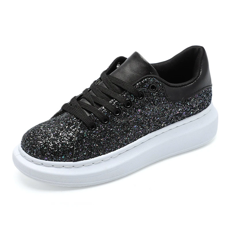 

Fashion Sneakers Women Flats Black Silver Shoes Rhinestone Bling Casual Shoes Korean Luxury Creepers Superstar Shoes QDD-114