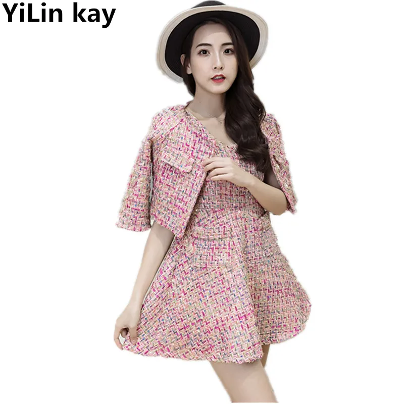 Розовый твидовый короткий костюм YiLin Kay + платье без рукавов весенне осенний