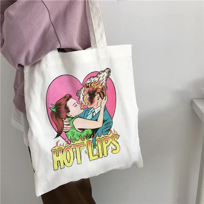 

New 2019 Deal with the devil letter print Vintage Harajuku casual female canvas fun cartoon summer Ulzzang shoulder bags