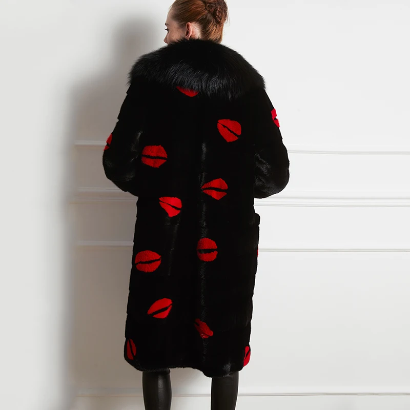  M.Y.FANSTY 2019 Winter Women's Import Crown Swan Velvet Mink Coat Personal red lips patter With Fox