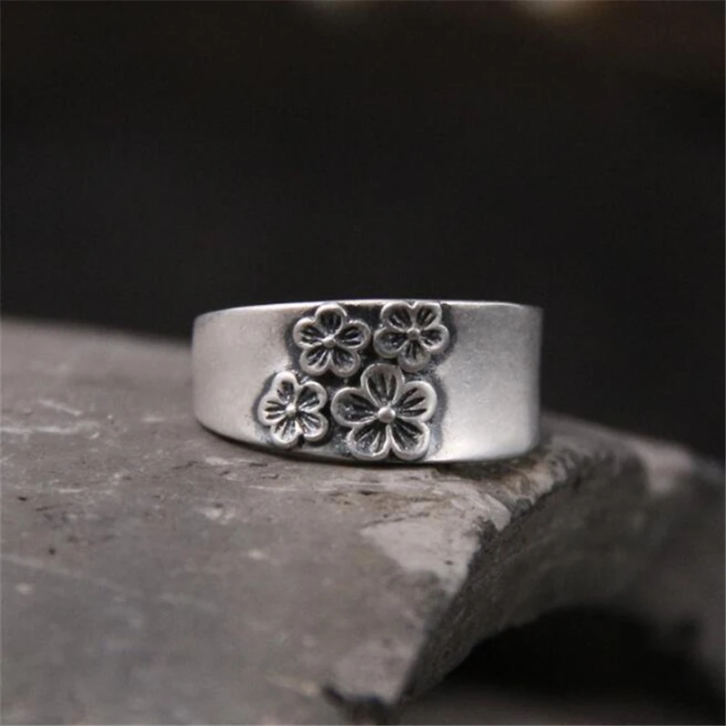 

Vintage Retro Plum Flower Ring Anels For Women Antique 100% 999 Sterling Silver Top Quality Gift Girl Friend