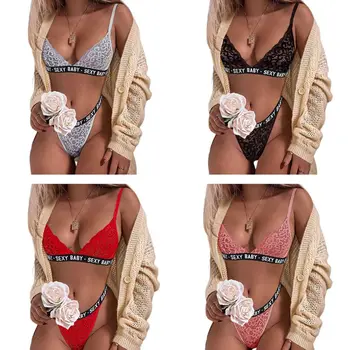 

Womens Sexy 2Pcs Underwear Set Sexy Full Hollow Sheer Floral Lace Letters Bikini Deep V-Neck Bra High Cut T-Back Thong Swimsuit
