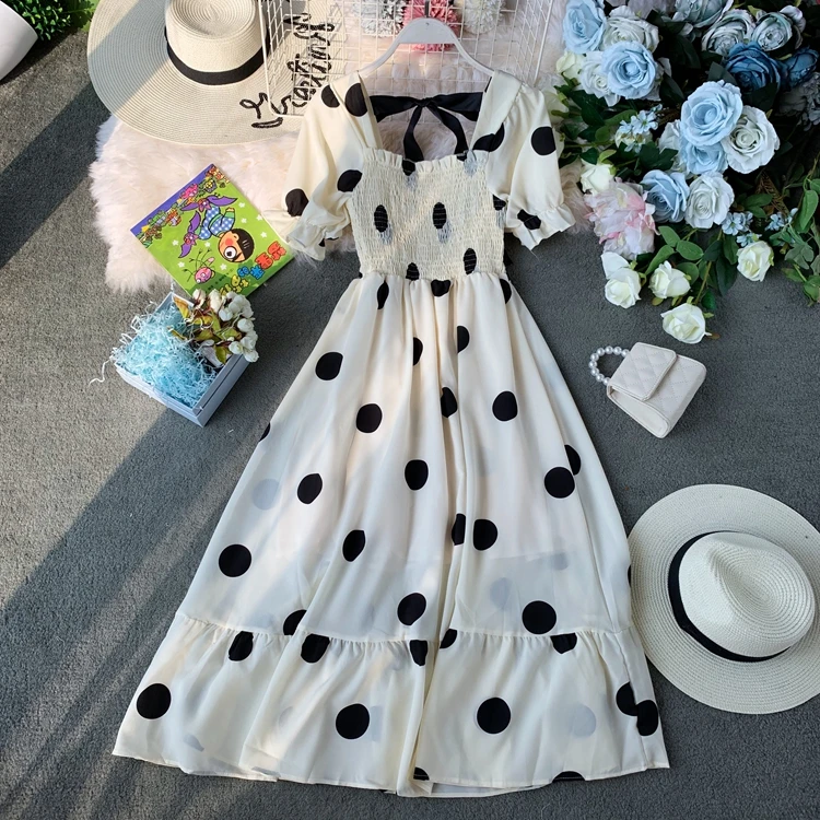 

Summer Temperament Square Collar High Waist A Word Runway Dress French Fairy Dress Women Long Boho Beach Chiffon Black Dress