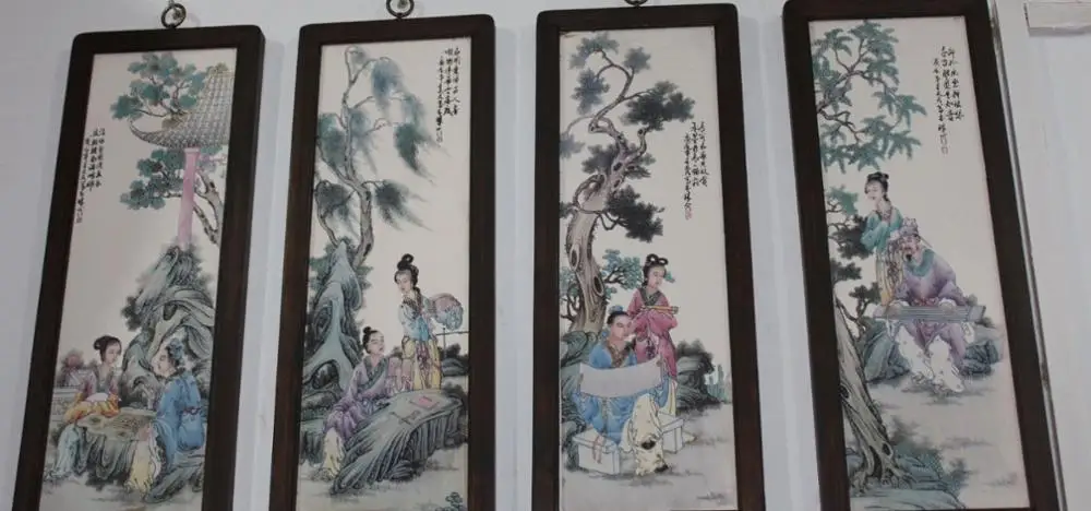 

Porcelain Painting Man Woman Play Chess Music Read draw Wall Hanging Screen Set