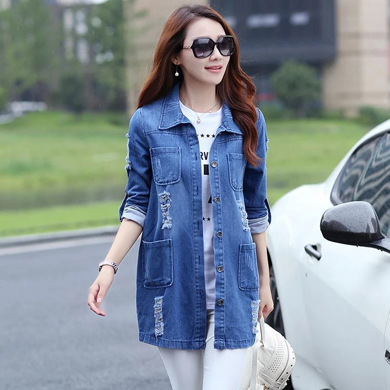 

Yocalor Basic Women Long Jeans Coats Slim Ripped Denim Jacket Femme 2019 Vintage Elegant Frayed Jackets Outwear Casacos Feminino