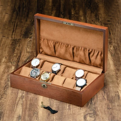 Коричневый деревянный ящик для хранения часов с замком дисплей мужские механические часы чехлы упаковка украшений Подарочная коробка W031 - Цвет: 12 Slots