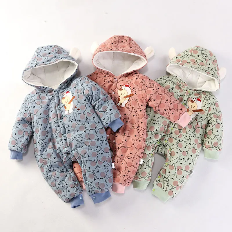 

2019 baby romper winter cotton infant jumpsuit fleece long sleeve coverall hooded autumn cartoon down babies jumpsuits