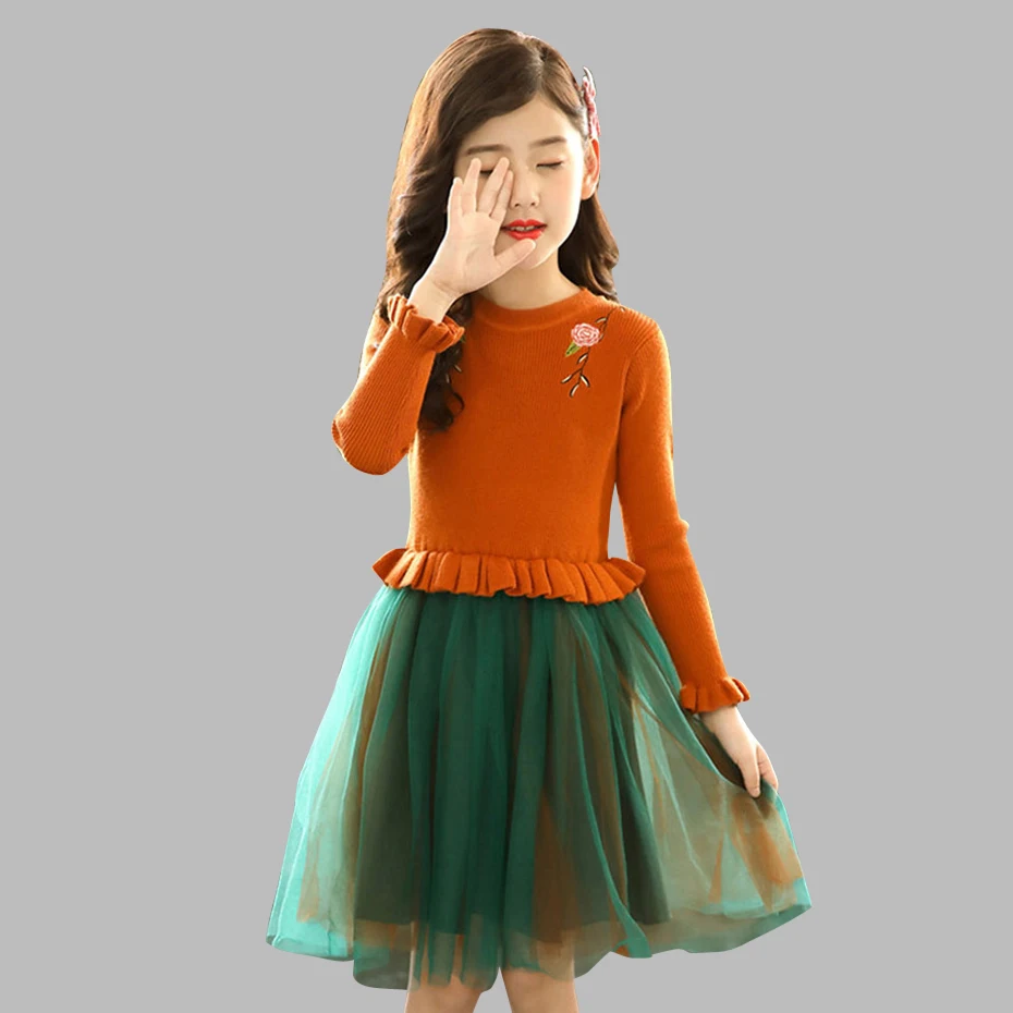 

Dress For Girls Winter Sweater Dress Kids Long Sleeve Patchwork Dress Girl Party Teenage Girl Clothes 6 8 10 12 13 14 Year