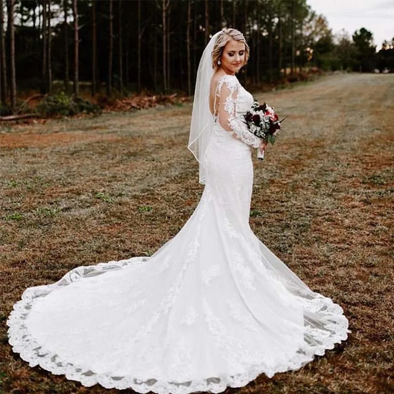 

LORIE Mermaid Wedding dress 2019 New Long sleeve Tulle and Lace Bridal Dress White/Ivory vestido de noiva Backless Wedding Gown