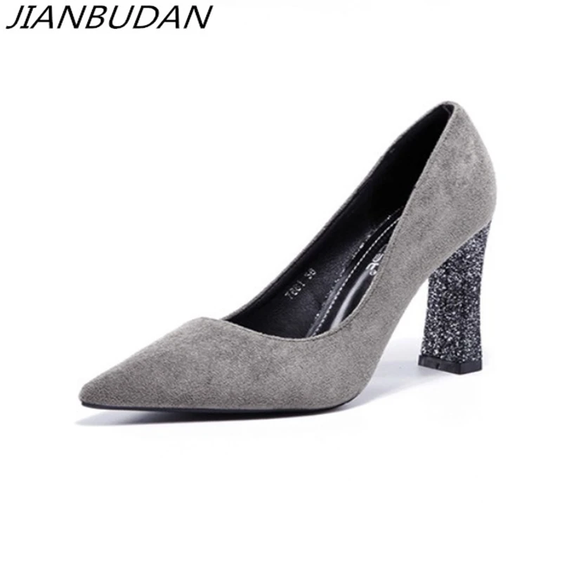 

JIANBUDAN Black professional women's office shoes female elegant spring high heels Shallow mouth Bling Flock women's pumps