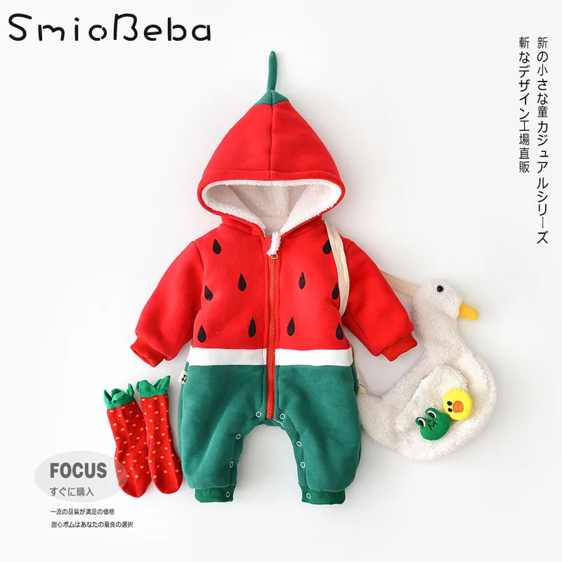 

Winter Thickened Warm Rompers Watermelon Pattern Jumpsuits Halloween Costume for Baby Girl Kids Boy Christmas Outfits Rompers