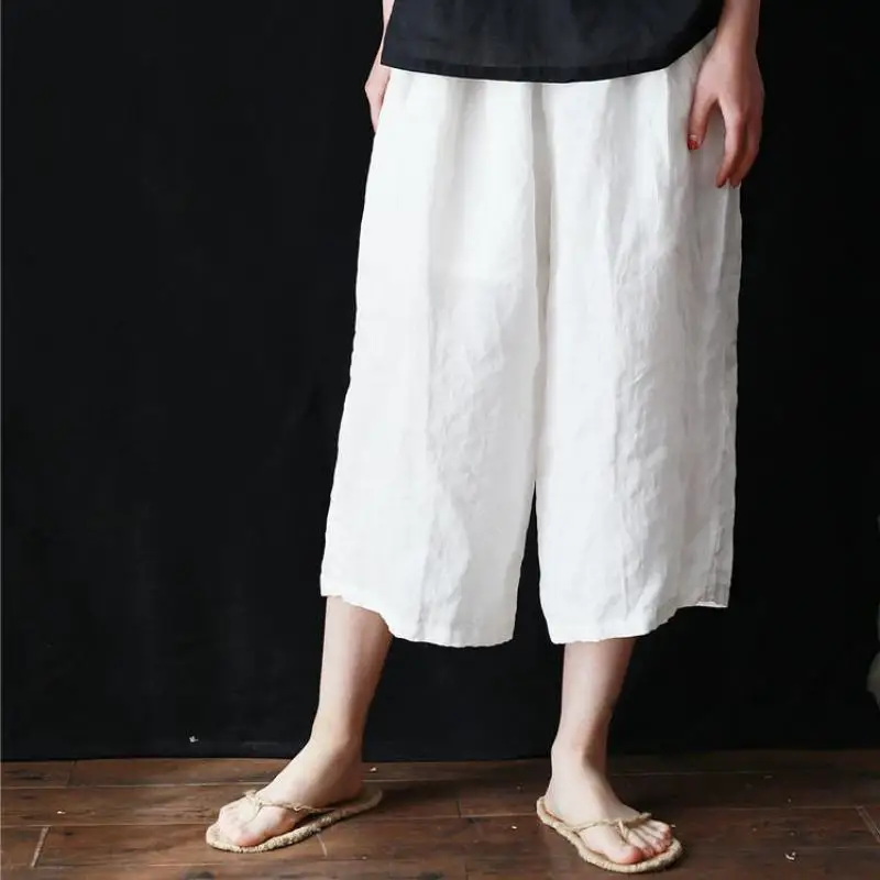 

Johnature 2019 New Summer Calf-length Pants Casual Loose Mid Elastic Waist Solid Pocket Trousers Comfortable Wide Leg Pants