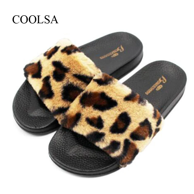 

COOLSA Women's Winter Flat Home Fur Slippers Indoor Leopard-print warm slippers Fashion Outside Plush Slippers Women Flip Flops