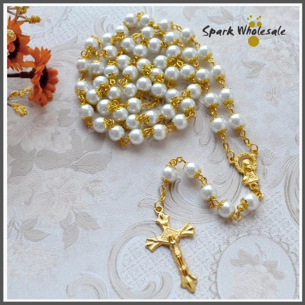 

Catholic Gold Capped 8mm White Pearl Rosary Necklace Baby Communion Baptism Favor Religious Gold Cross Virgin Mary Center Rosary
