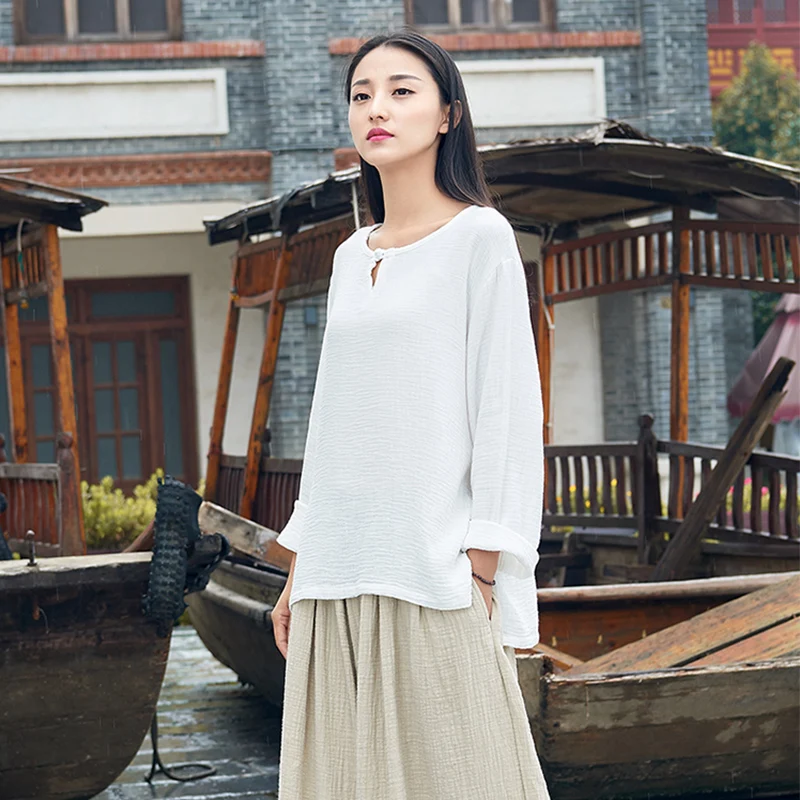 المرأة طويلة الأكمام قمصان فضفاضة الترفيه بلوزة القطن و الكتان blusa الأنثوية خمر camisa الربيع الخريف السترة قميص