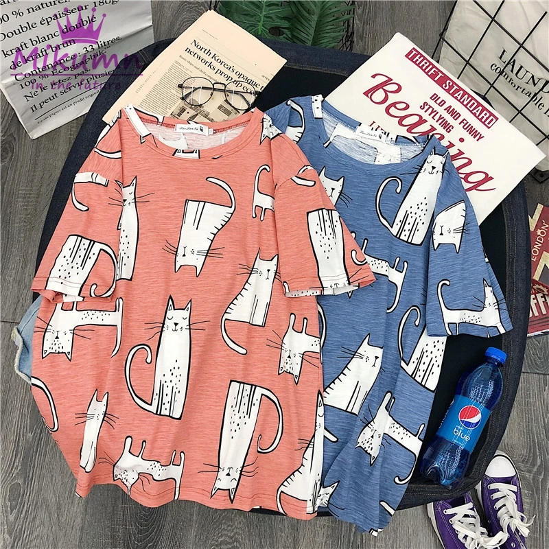 

Camisas Mujer 2019 New Summer Harajuku Women T shirt Kawaii Cat Printed Korean Style Cotton Loose Short Sleeve Tops Female Tees
