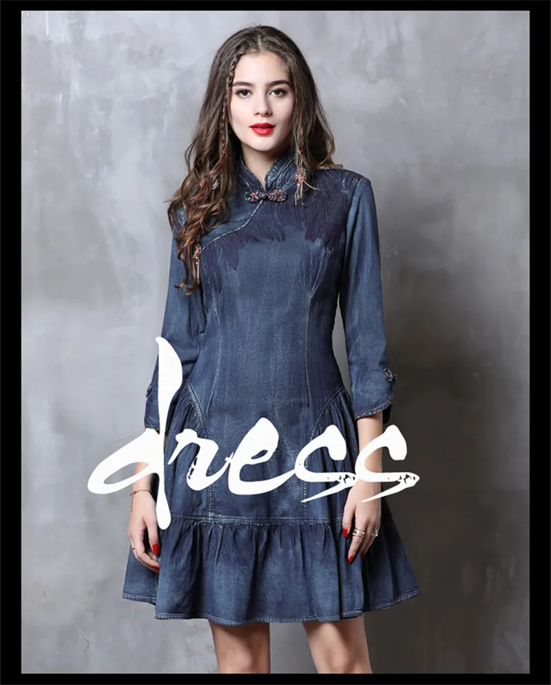 Women Denim Dress 2019 Vintage 100% Cotton Dress 34Sleeve Brand New A-line Elegant Mandarin Collar Vestidos Woman Dresses (1)