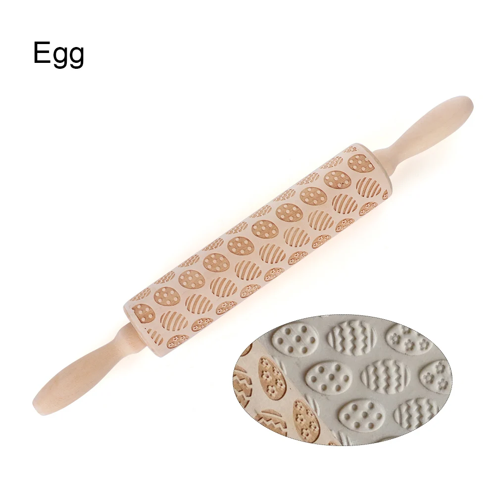 egg Happy Easter Embossing Rolling Pin Baking Cookies Noodle Biscuit Fondant Cake Dough Engraved Roller Egg Rabbit - Цвет: egg