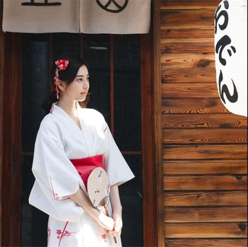 

Outer Garment Bathrobe Costume Girl Cardigan Long Dress V-neck Party Japanese White Kimono Woman Dress
