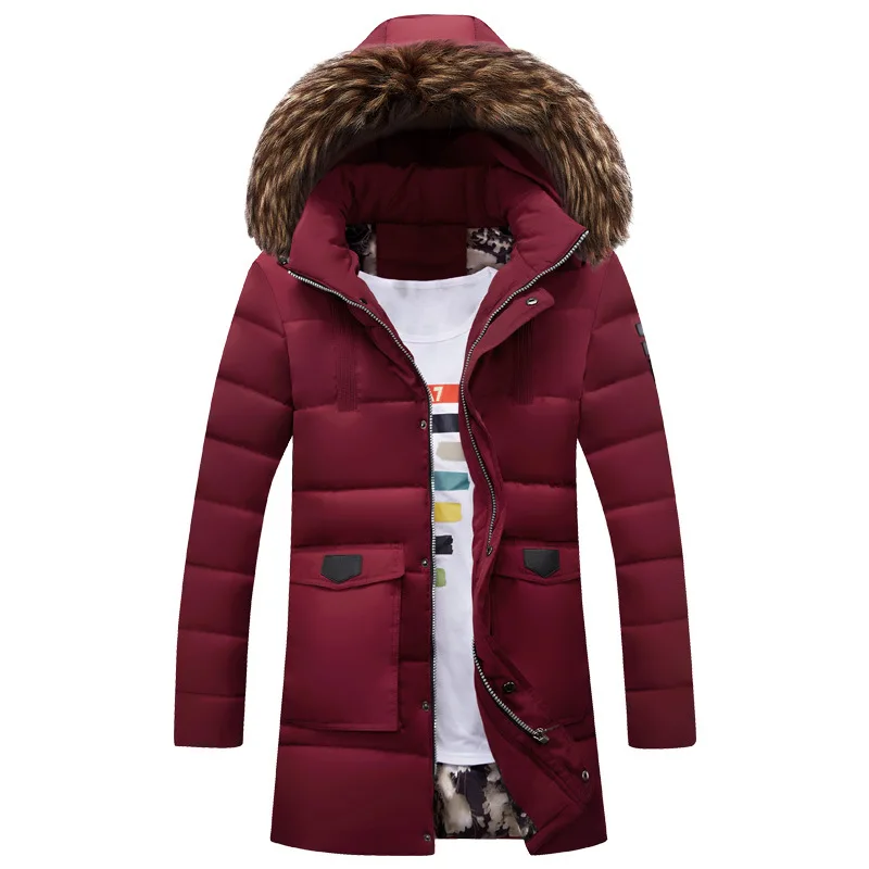 Мужская зимняя куртка, повседневная, военный, с капюшоном, с меховым воротником, утолщенная, средней длины, одноцветная, пуховики, утепленные, хлопковые пальто, мужские парки - Цвет: wine red